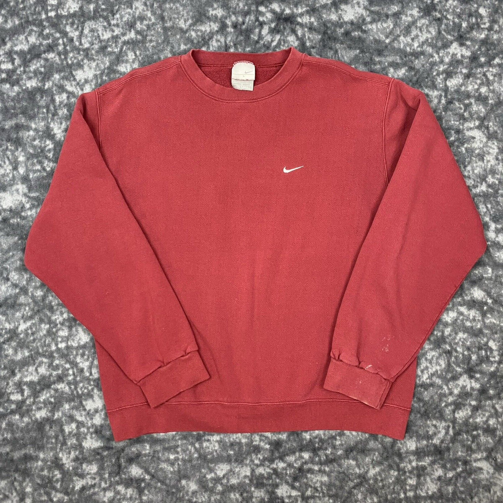Nike Embroidered White Swoosh Crewneck Mens Size L Red Pullover Vintage Gray Tag